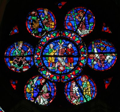 Fenster w102 mit Darstellung der Verhaftung und des Todes von St. Petrus und des Heiligen mit Simon Magus von French School