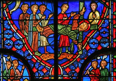 Fenster w11, St. Andreas an sein Kreuz gebunden und predigt der Menge von French School