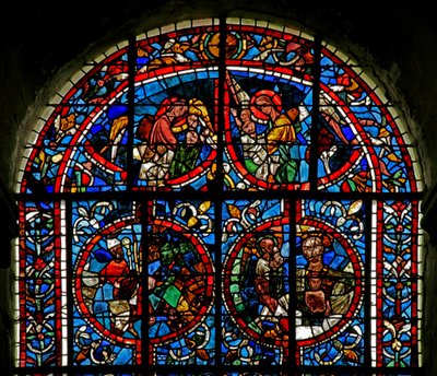 Fenster Nr. 12-L, Darstellung von Engeln tragen Seelen ins Paradies; fragmentarisches Panel - ein Bischof? der Schoß Abrahams von French School