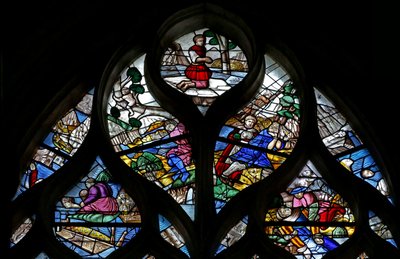Fenster w124, Szenen aus der Sintflut und der Arche Noah. Oben der Stifter(?) Georges Le Picart de Radeval von French School