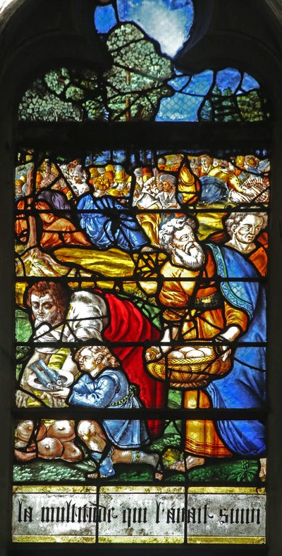 Fenster w12 mit Darstellung eines Details aus dem Wunder der Speisung der 5000 von French School