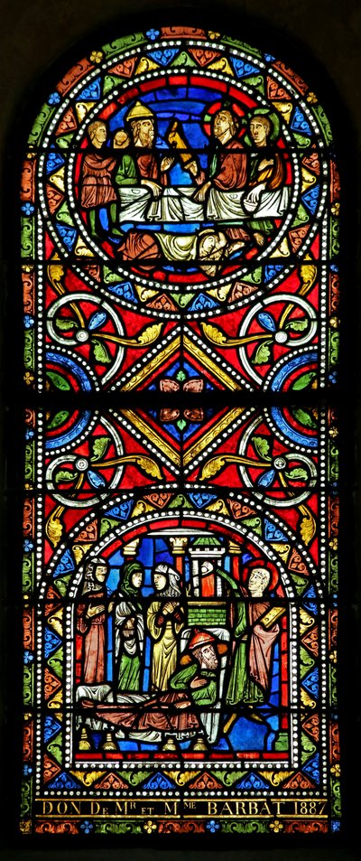 Fenster w13, im 19. Jahrhundert der Kirche geschenkt, stammen diese beiden Tafeln aus dem frühen 13. Jahrhundert und sind das älteste Glas in Chalons darstellend von French School