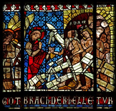 Christus, begleitet von einem Engel, steigt in die Hölle hinab, bricht die Tore und findet Adam und Eva von French School