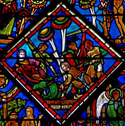 Fenster w15 zeigt eine Szene im Fenster des barmherzigen Samariters: der Pilger wird angegriffen von French School