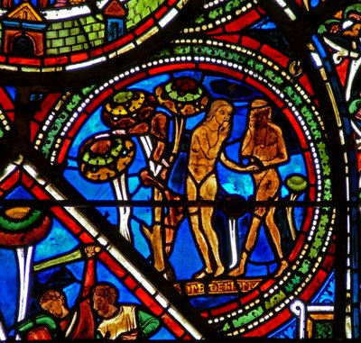 Fenster w15 zeigt das Fenster des barmherzigen Samariters: Adam und Eva essen die verbotene Frucht von French School
