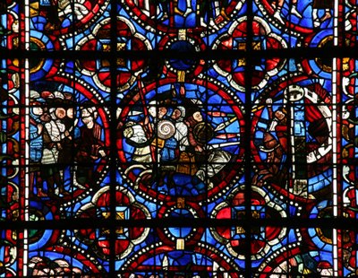Fenster Nr. 17-L, Darstellung von Adonibezek? mit einer Gruppe von Soldaten und einer Person mit gefesselten Händen; Eine Kampfszene außerhalb einer brennenden Stadt von French School