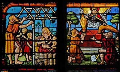 Fenster w1, Darstellung von Adam beim Hausbau und Eva mit ihren Kindern; Kain und Abel bringen ihre Opfer dar von French School