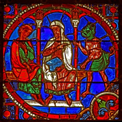 Fenster w1, Szene aus der Theophilus-Geschichte: Er wird von einem Magier dem Satan vorgestellt von French School