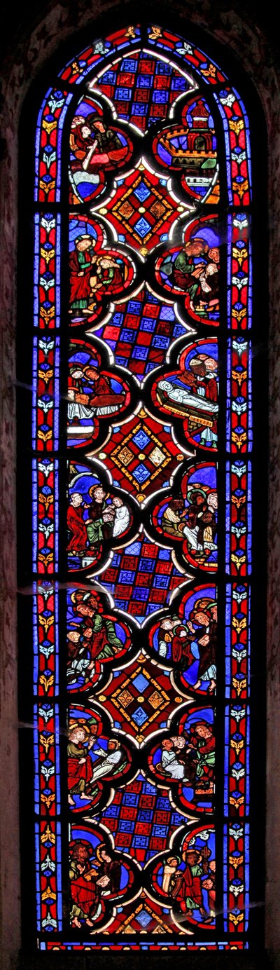 Fenster w1 zeigt eine Szene aus dem Leben der hl. Maria Magdalena mit Szenen aus der Geschichte von Maria und Martha von French School