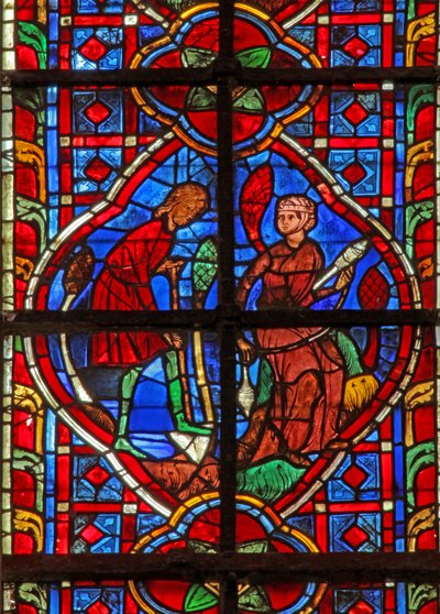 Fenster w207 zeigt Adam gräbt, während Eva spinnt von French School