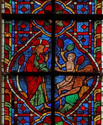 Fenster w207, die Erschaffung von Adam und Eva darstellend von French School