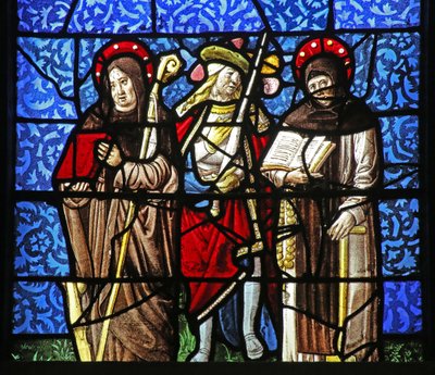 Fenster w20, das St. Dominikus und St. Franziskus mit einem Ritter, der ein Schwert hält, darstellt von French School