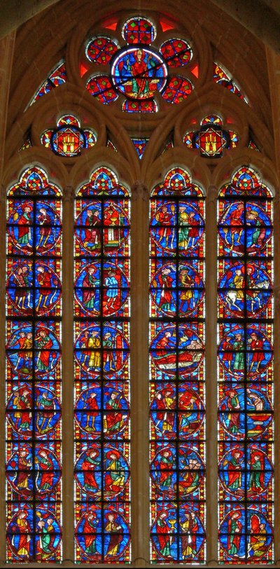 Fenster w210 zeigt das St. Jakobus-Fenster und die Legende des verlorenen Abhängigen von French School
