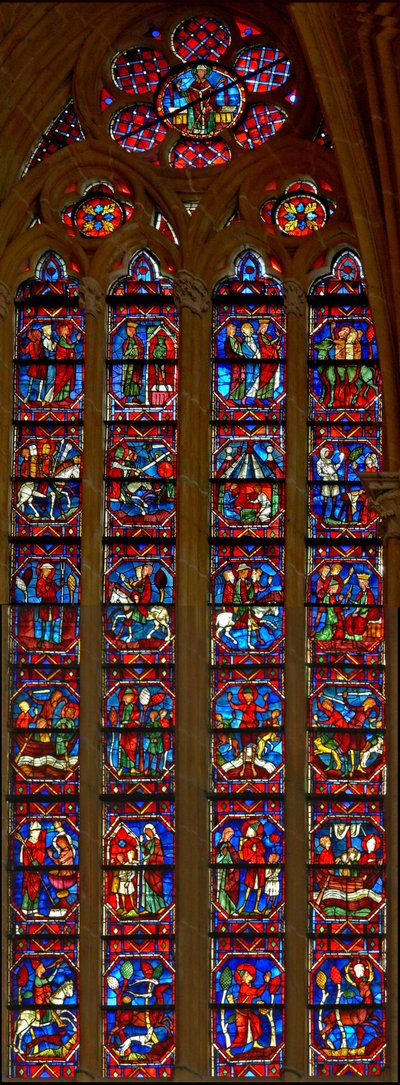 Fenster w214, Darstellung von Szenen aus dem Leben von St. Eustache von French School