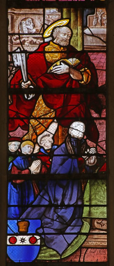 Fenster w21, einen Stifter und seine Söhne mit St. Peter darstellend von French School