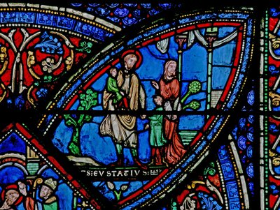 Fenster w21, Szene aus dem Leben des Heiligen Eustachius: Er verlässt sein Zuhause mit seiner Familie von French School