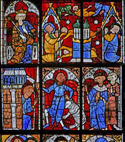 Fenster w221 mit einer Szene aus dem Leben des Heiligen Petrus: Simon Magus versucht zu fliegen; verwandelt sich in ein Schaf von French School