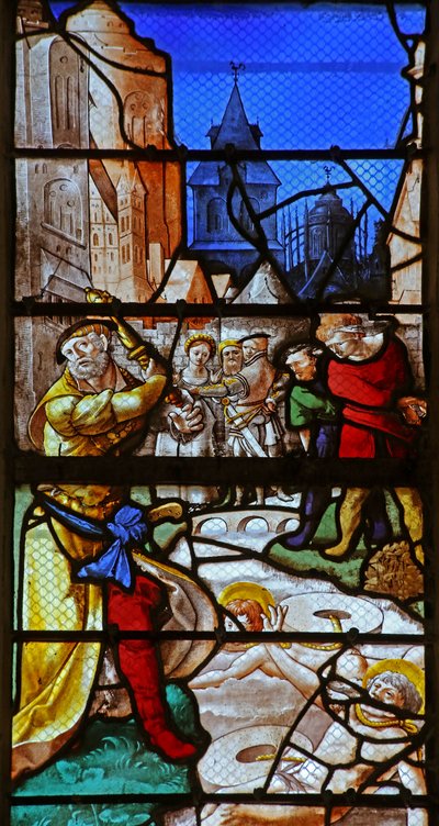 Fenster w23, St. Crepin und St. Crepinian: in den Fluss Aisne mit Mühlsteinen um den Hals geworfen darstellend von French School