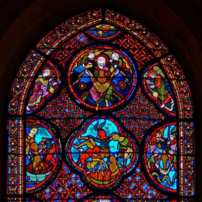Fenster w23 zeigt das Gleichnis von Dives und Lazarus: der obere Abschnitt von French School