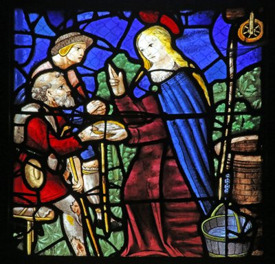 Fenster w24, das St. Genevieve, die einem Aussätzigen zu trinken gibt, darstellt von French School