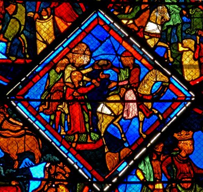 Fenster w24 zeigt eine Szene aus der Geschichte von Joseph: seine Brüder mit ihrem Vater Jakob von French School