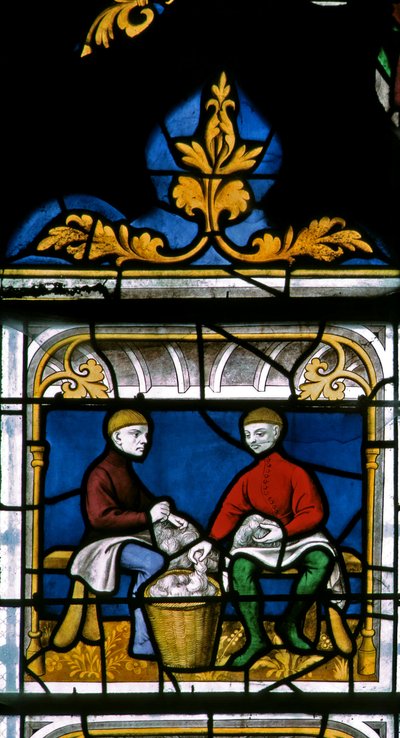 Fenster w25 zeigt einen Tuchhändler bei der Arbeit im Tuchhändlerfenster von French School