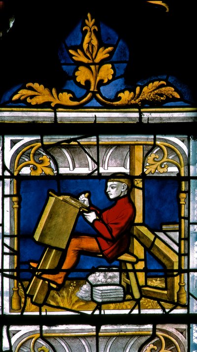 Fenster w25 zeigt einen Tuchhändler bei der Arbeit im Tuchhändlerfenster von French School