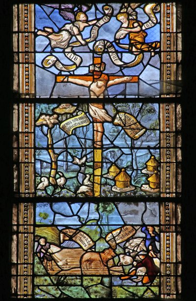 Fenster w26, das Christus am Kreuz, umgeben von von Vergil inspirierten ländlichen Szenen, darstellt. Fenster gestiftet von Thomas Mangin von French School