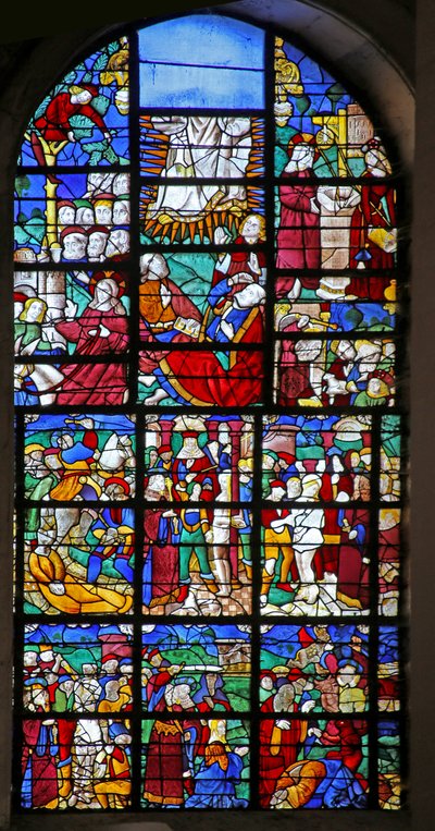 Fenster w27, Darstellung von Szenen aus dem Leben der Heiligen Barbara und der Passion und Verklärung von French School