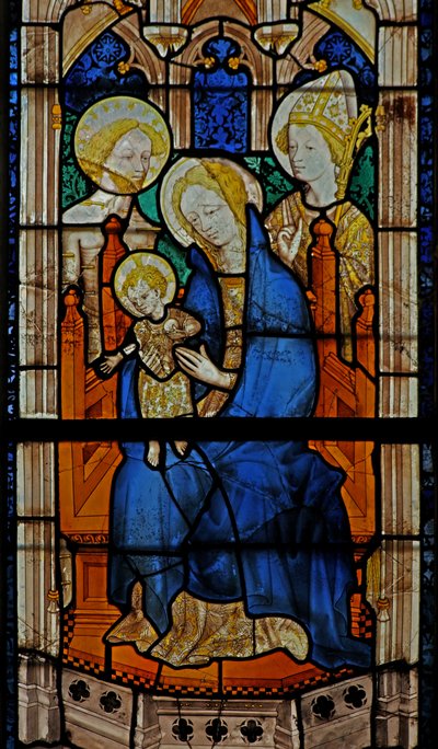 Fenster w27 zeigt die Jungfrau und das Kind mit St. Sebastian und einem heiligen Bischof von French School