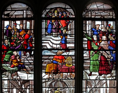 Fenster w28 zeigt die Aufnahme der Jungfrau Maria im Tempel von French School