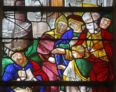 Fenster w2, St. Petrus mit Simon Magus, der seine Bücher zerreißt von French School
