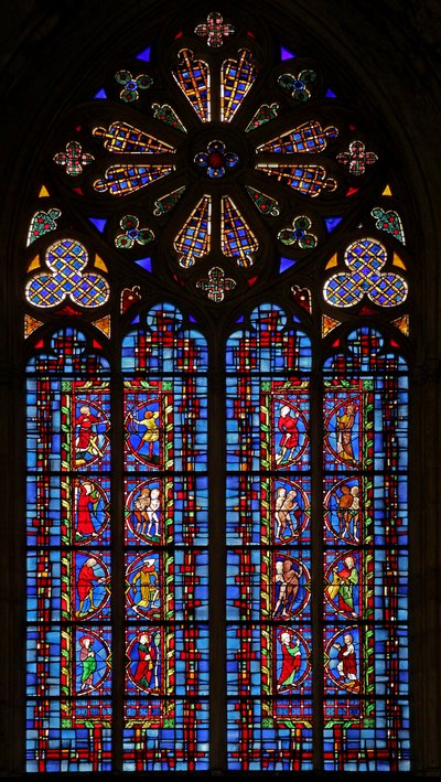 Fenster w30, Darstellung von neu eingesetzten Tafeln der Schöpfung, mit Adam und Eva und Kain und Abel: neu eingesetzte Tafeln von French School