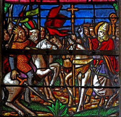Fenster w3, der heilige Alpin verhindert, dass Attila Chalons plündert, darstellend von French School