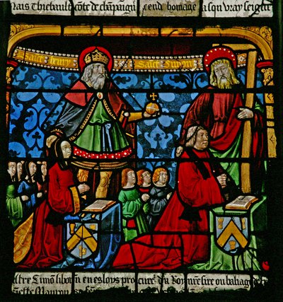 Fenster w3, Darstellung der Stifter - Henriette de Mauroy und Simon Liboron mit ihren Kindern und Schutzheiligen St. Heinrich und Simon von Kyrene von French School