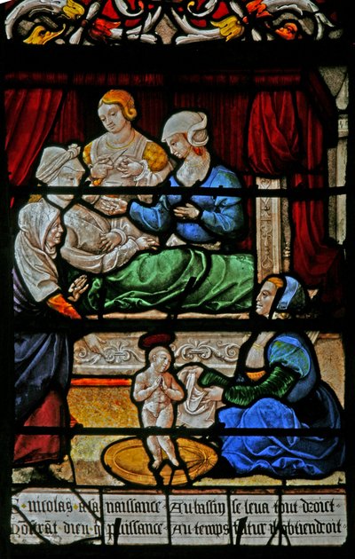Fenster w3 mit der Geburt von St. Nikolaus von French School