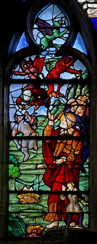 Fenster w4, St. Petrus mit Simon Magus, der nach einem Flugversuch fällt von French School