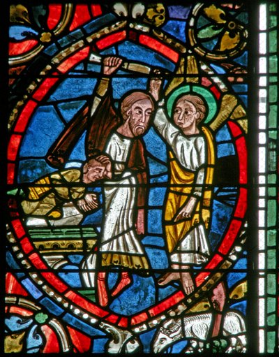 Fenster Nr. 5-L, Darstellung von Abraham wird von einem Engel daran gehindert, Isaak zu opfern von French School