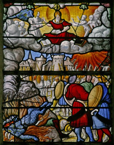 Fenster w5, Szene aus dem Buch der Offenbarung des Johannes: Die Armeen der Erde richten Verwüstung an; Das Meer gibt seine Toten preis von French School