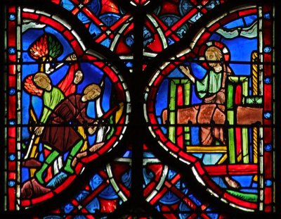 Die Bäume des Waldes werden mit einer Axt gefällt (L) Jesaja 10:33-34. Christus mit der Weinpresse (R) Jesaja 63:1-6 von French School