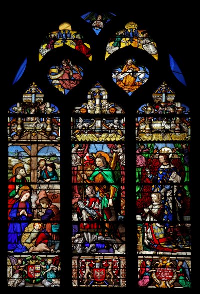 Fenster w6 mit der Geburt Christi und Hirten; Stifter Gaspard de Coligny und Frau und Schutzheilige von French School
