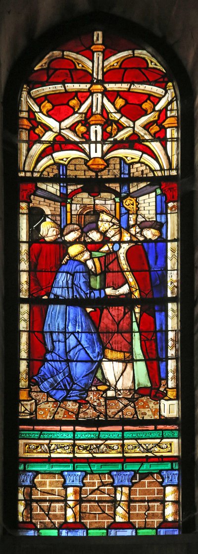 Fenster w7, das eine Szene aus dem Leben von St. Augustinus darstellt: er wird zum Professor in Mailand ernannt und besucht Ambrosius von French School