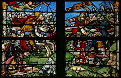 Fenster w8, Darstellung einer Schlachtszene mit Kaiser Konstantin, in der das Kreuz erschien und er triumphiert von French School