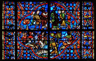 Fenster w9 mit Szenen aus der Geschichte von Joseph: Jakob schickt Joseph zu seinen Brüdern. Sie schmieden dann Pläne gegen ihn, während sie alle auf den Feldern arbeiten. von French School
