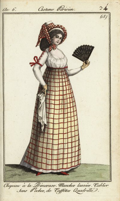 Frau mit Primerose-Hut Mode von 1798 (handkolorierte Kupferstichgravur) von French School