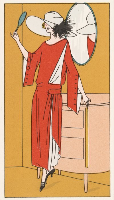 Frau in einem roten Kreppkleid und weißem Hut aus den 1920er Jahren (Farblithografie) von French School