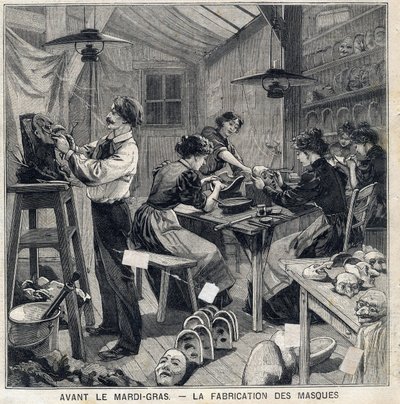 Werkstatt zur Herstellung von Masken für die Verkleidungen des Karnevals. In „Le Petit Parisien“ am 14.02.1897 von French School