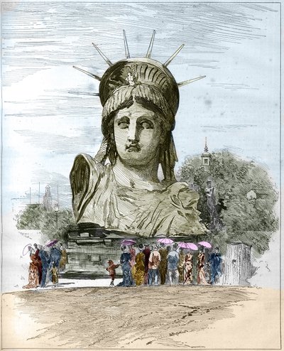 Weltausstellung 1878 in Paris: der Kopf der Freiheitsstatue von Frederic Auguste Bartholdi (1834-1904). Gravur von Edgard Morin in "The Illustrous World" Nr. 1111 vom 13. Juli 1878 von French School