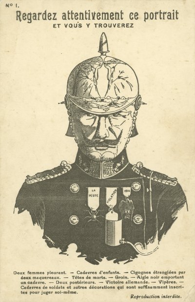 Erster Weltkrieg anti-deutsche Propagandapostkarte (Lithografie) von French School