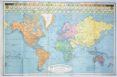 Weltkarte der verschiedenen Zeitzonen, veröffentlicht von Blondel La Rougery in Paris ca. 1920 von French School